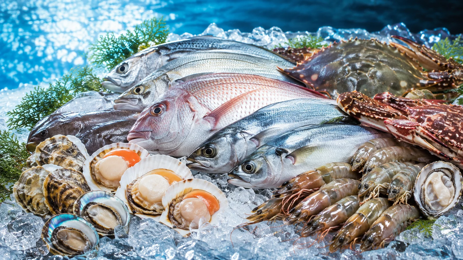 新鮮魚類、蝦蟹與貝類水產展示